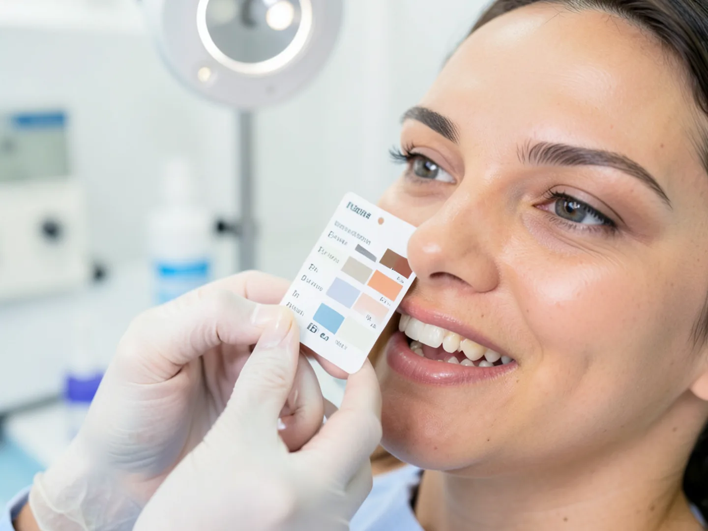 Cosmetic dentist matching ceramic shade tab to natural incisor teeth