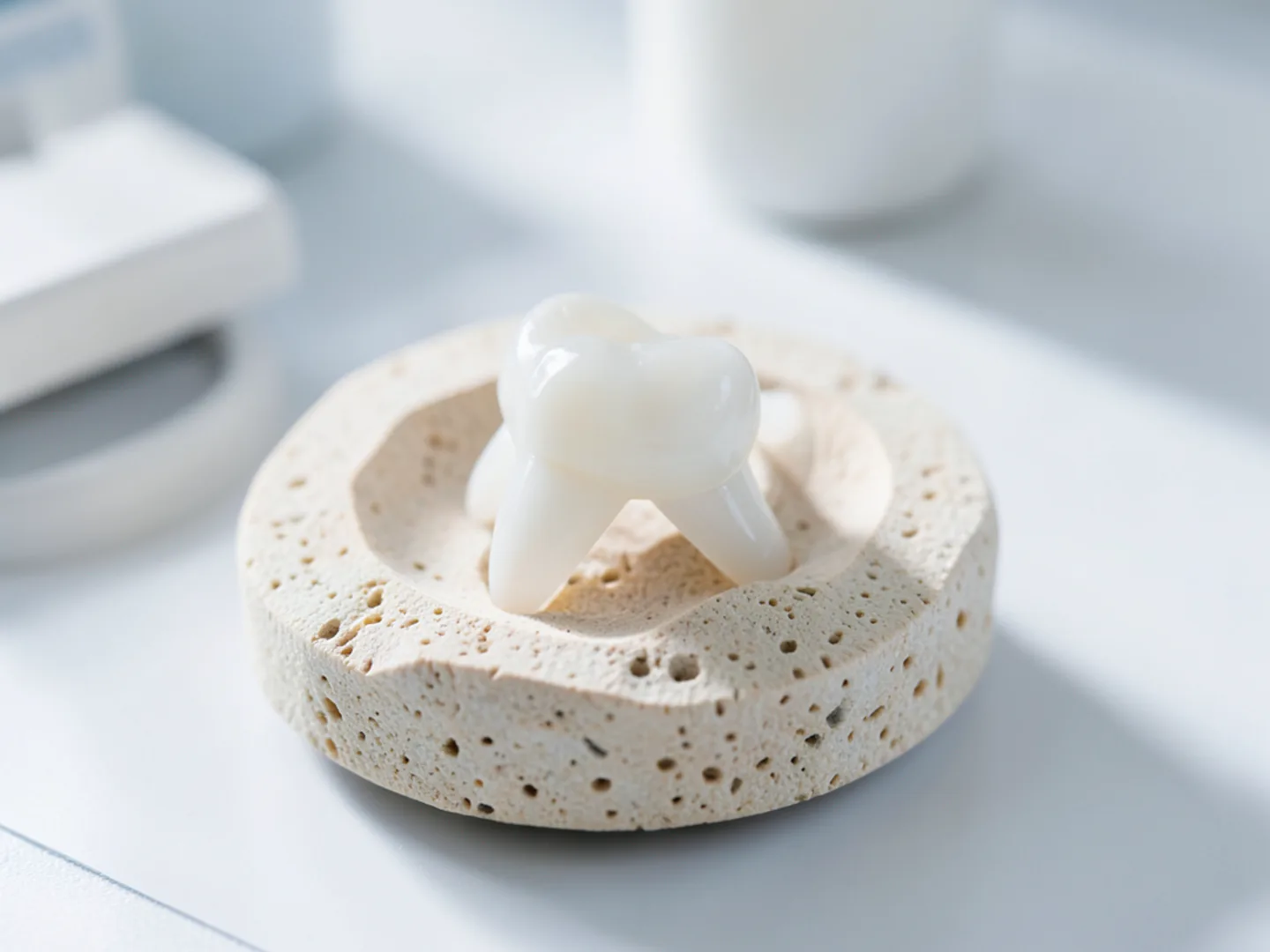 Precision milled monolithic zirconia dental crown seated on die model