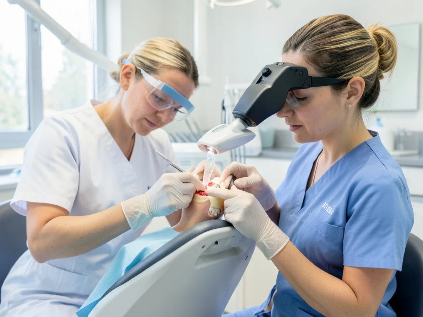 Dentist seating custom ceramic crown with gentle pressure on prepared molar
