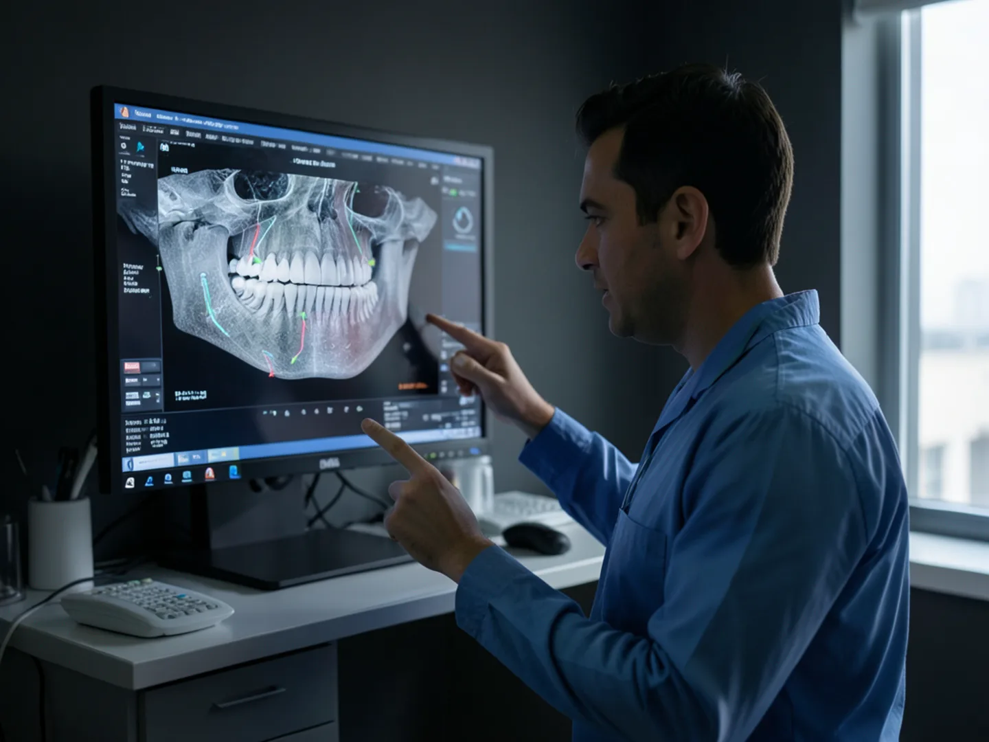 Dentist reviewing high-resolution 3D CBCT bone scan for implant planning
