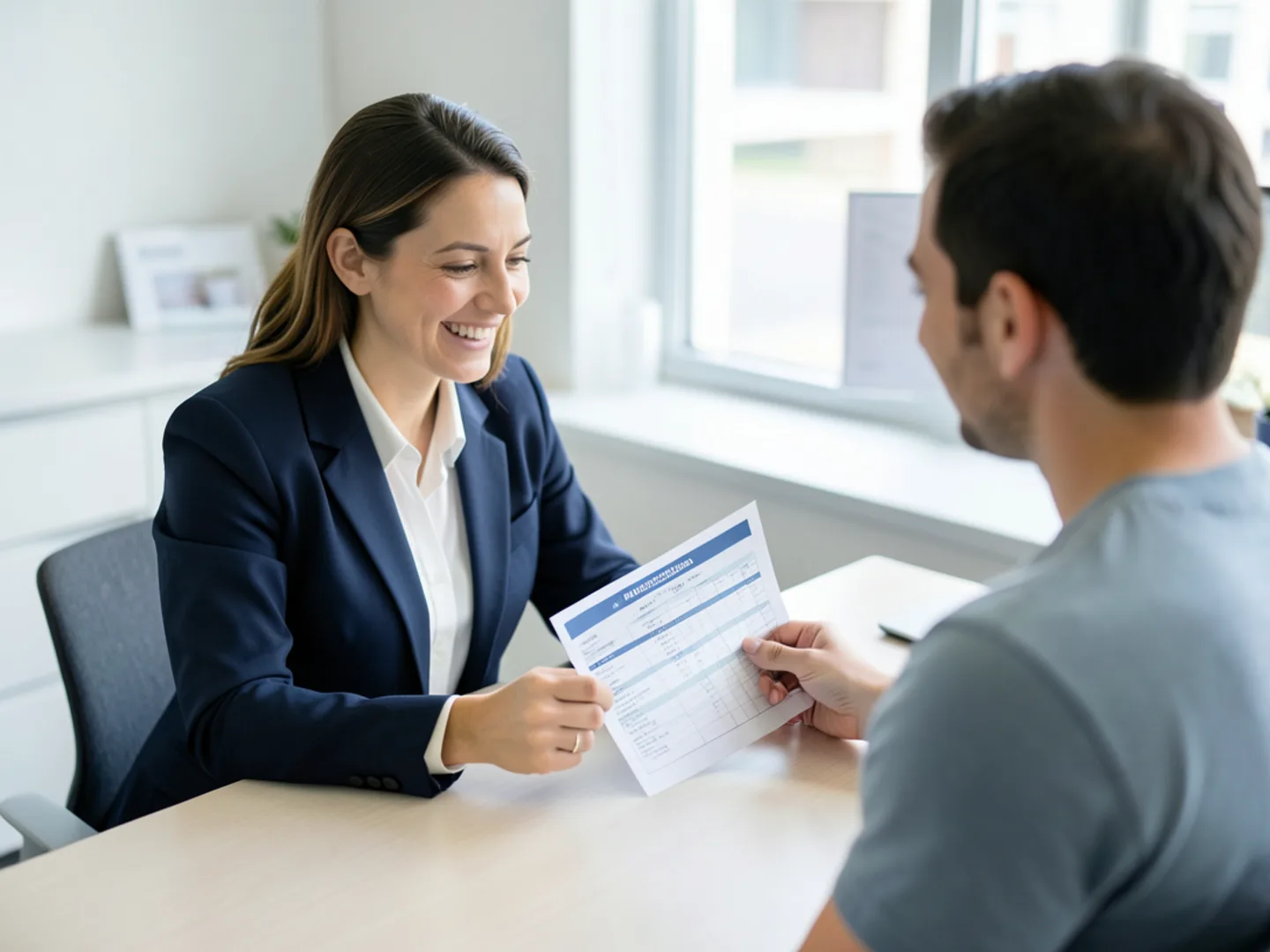 Patient coordinator reviewing printed dental benefit breakdown with patient