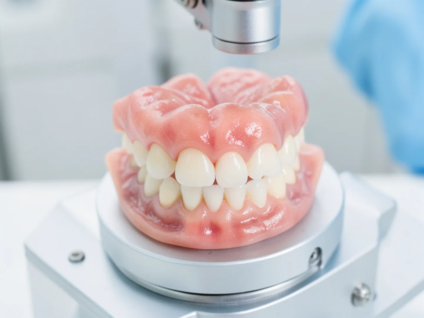 Custom complete maxillary denture mounted on precision mechanical articulator
