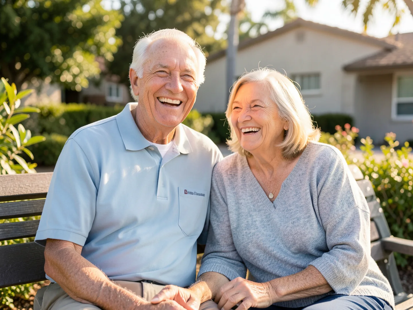 Senior couple laughing warmly outdoors with full natural restored smiles