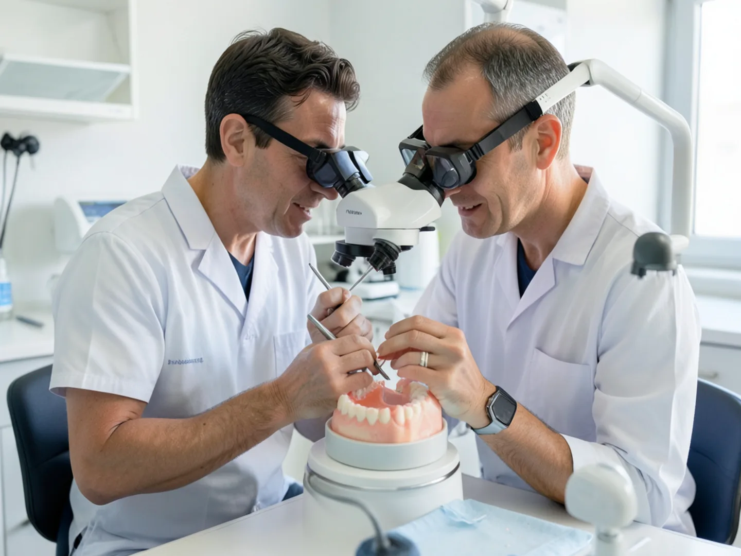 Dentist adjusting acrylic denture flange border with laboratory handpiece