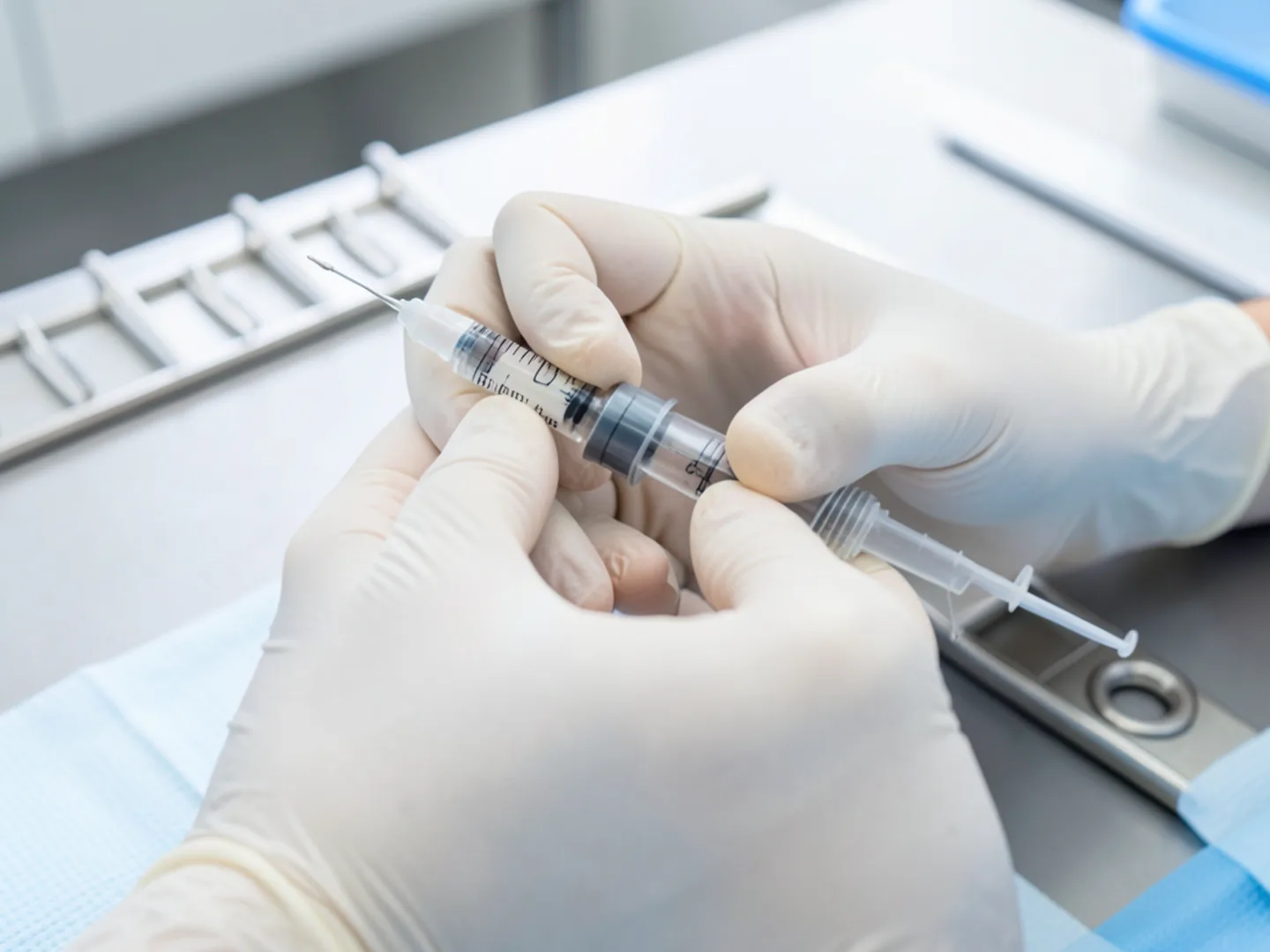 Dental assistant preparing gentle local anesthesia syringe on sterile tray