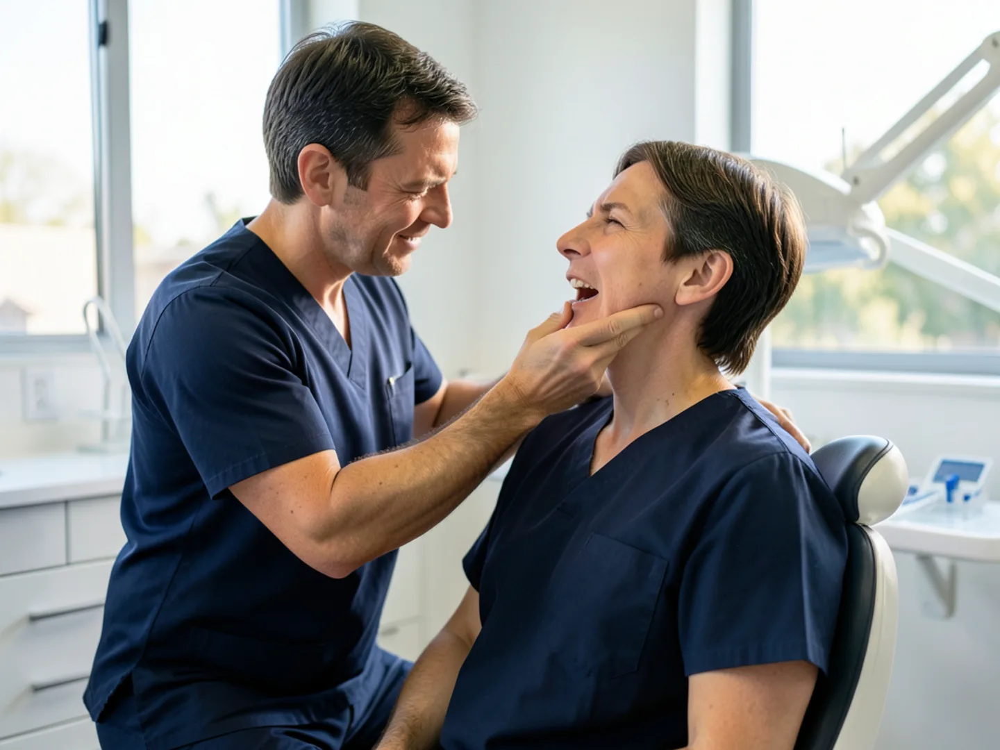 Emergency dentist palpating jaw and diagnosing patient acute dental pain