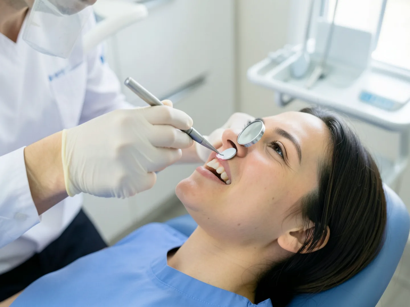 Dentist inspecting finished tooth-colored composite restoration on molar tooth