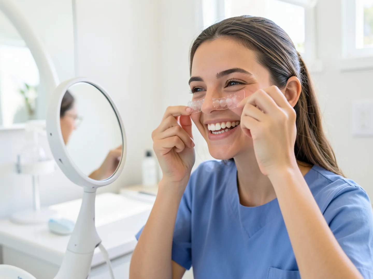 Patient comfortably seating clear aligner tray over teeth in mirror