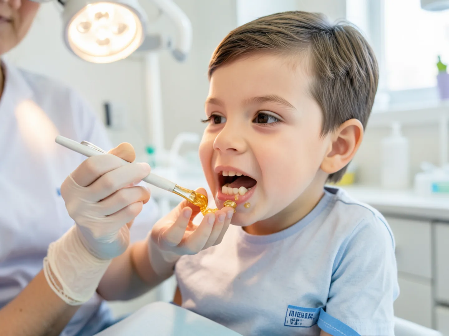 Pediatric dental hygienist painting protective fluoride varnish on teeth