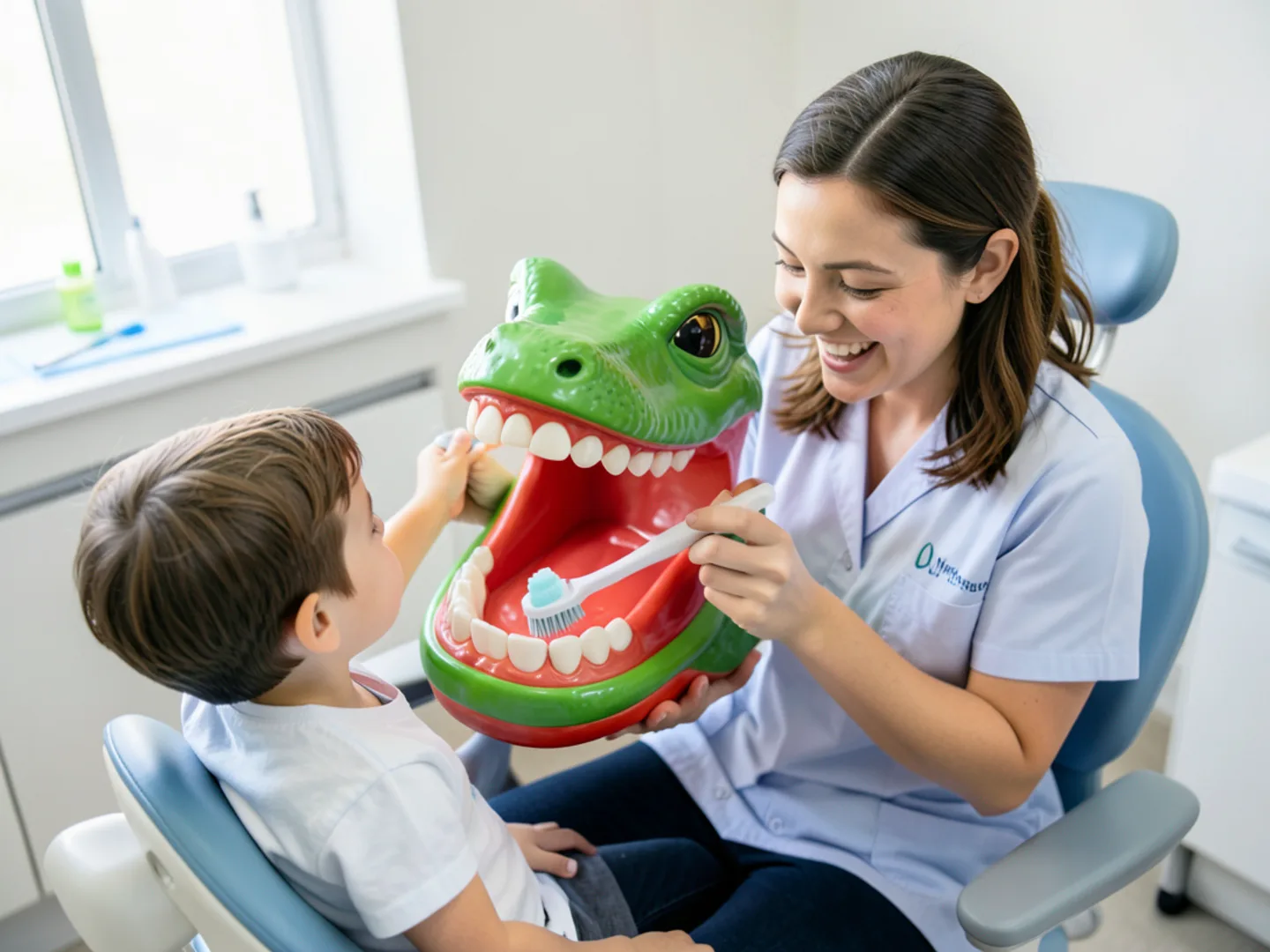Friendly dentist demonstrating brushing technique with dinosaur tooth model