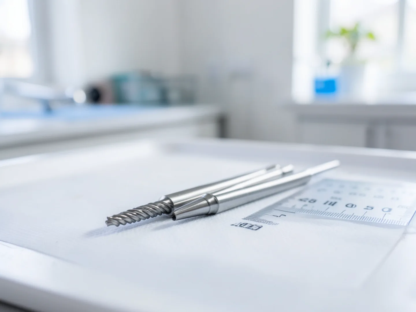 Flexible nickel-titanium endodontic rotary files on sterile measuring ruler
