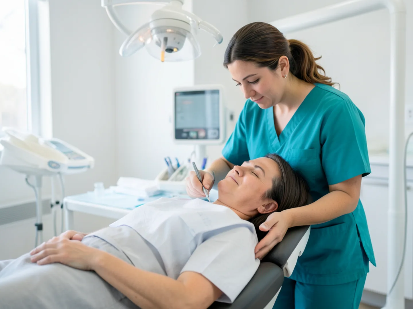 Compassionate dental assistant providing reassurance to anxiety-free patient