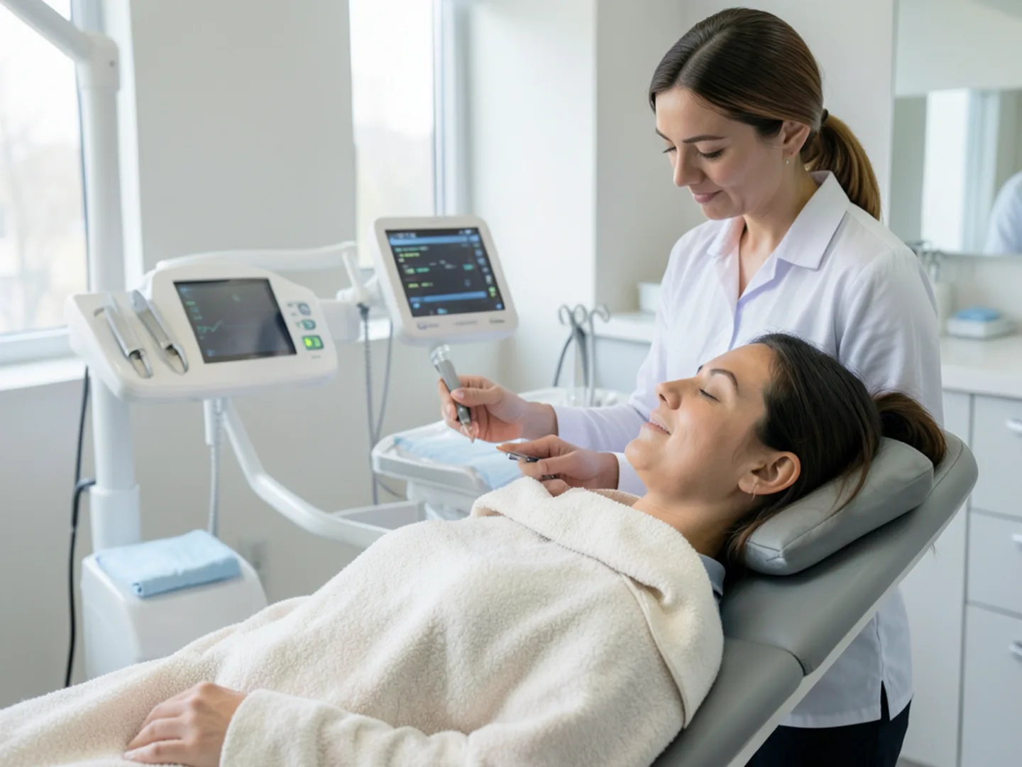 Dentist monitoring digital vital signs pulse oximeter during sedation visit