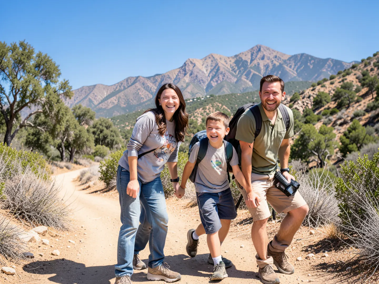 Active family taking a break while hiking near Ladyface Mountain in Agoura Hills