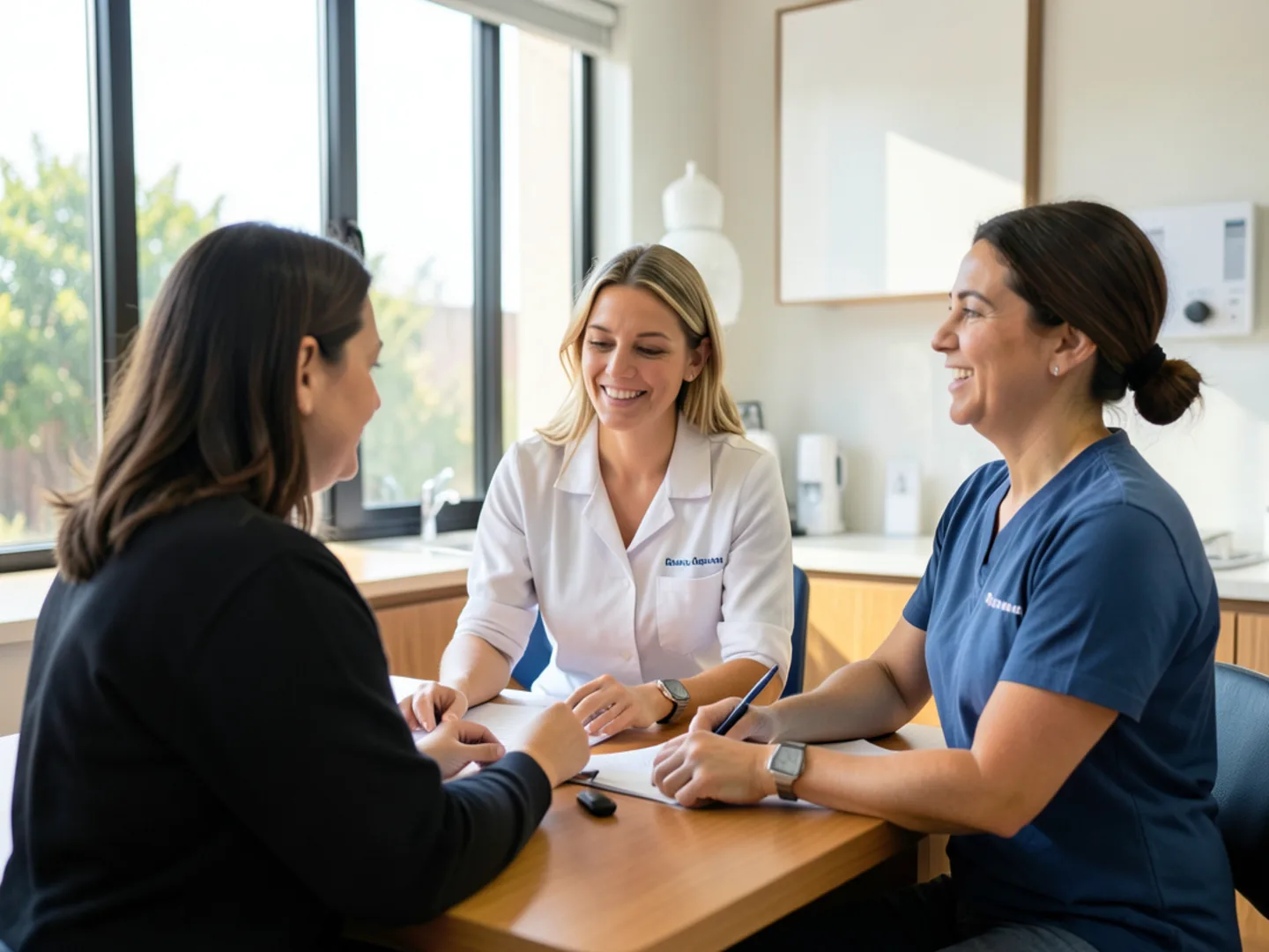 Dentist discussing preventive care goals with parents in private consultation suite