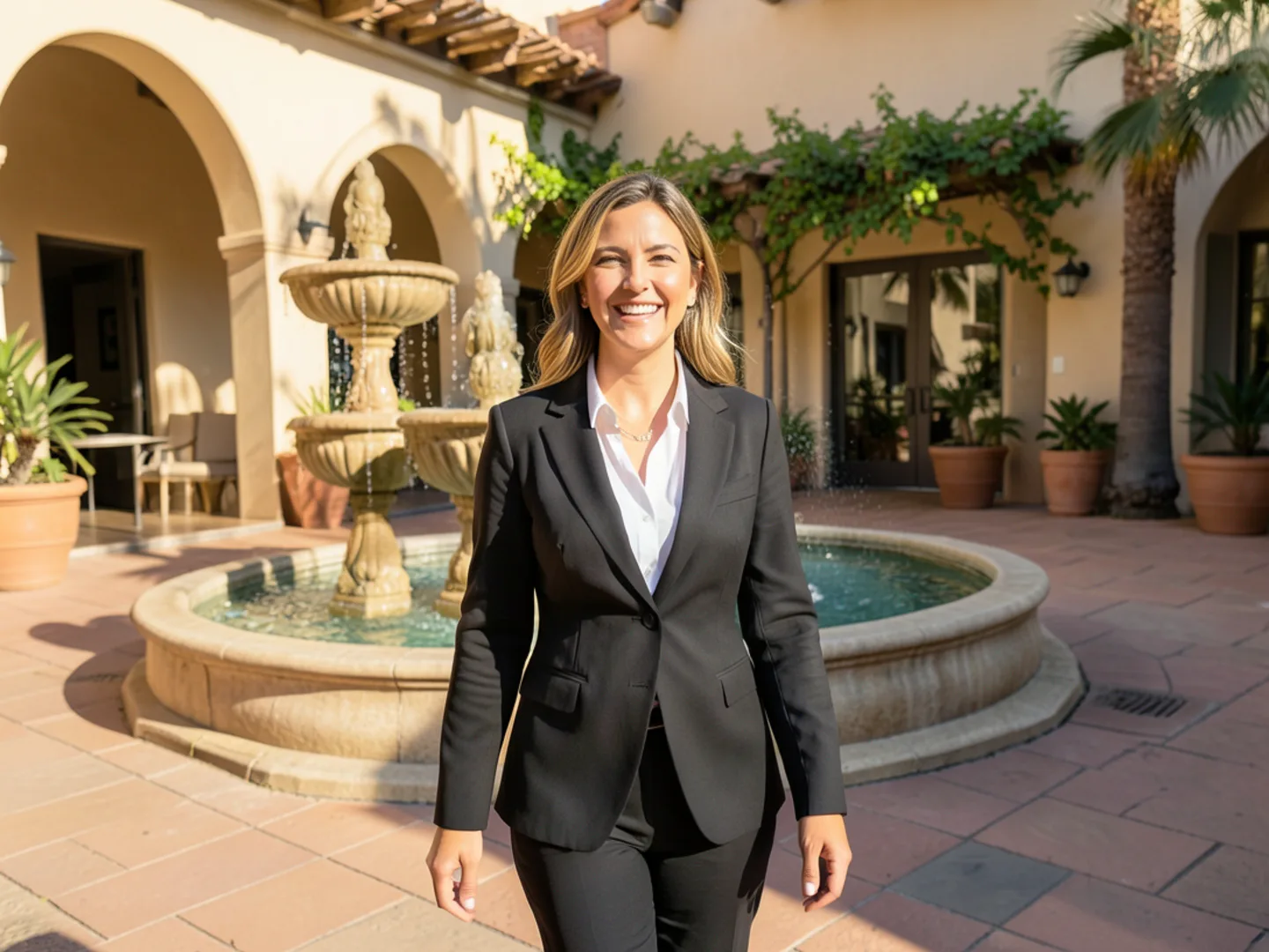 Patient smiling radiantly in upscale Calabasas outdoor plaza courtyard
