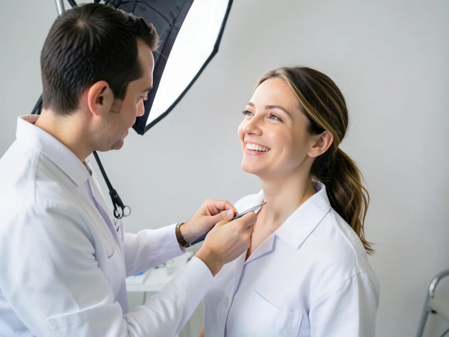 Dentist adjusting studio lighting for clinical smile photographic documentation