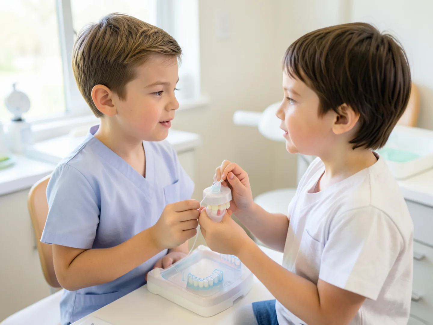 Hygienist demonstrating flossing technique with tooth model for Oak Park child