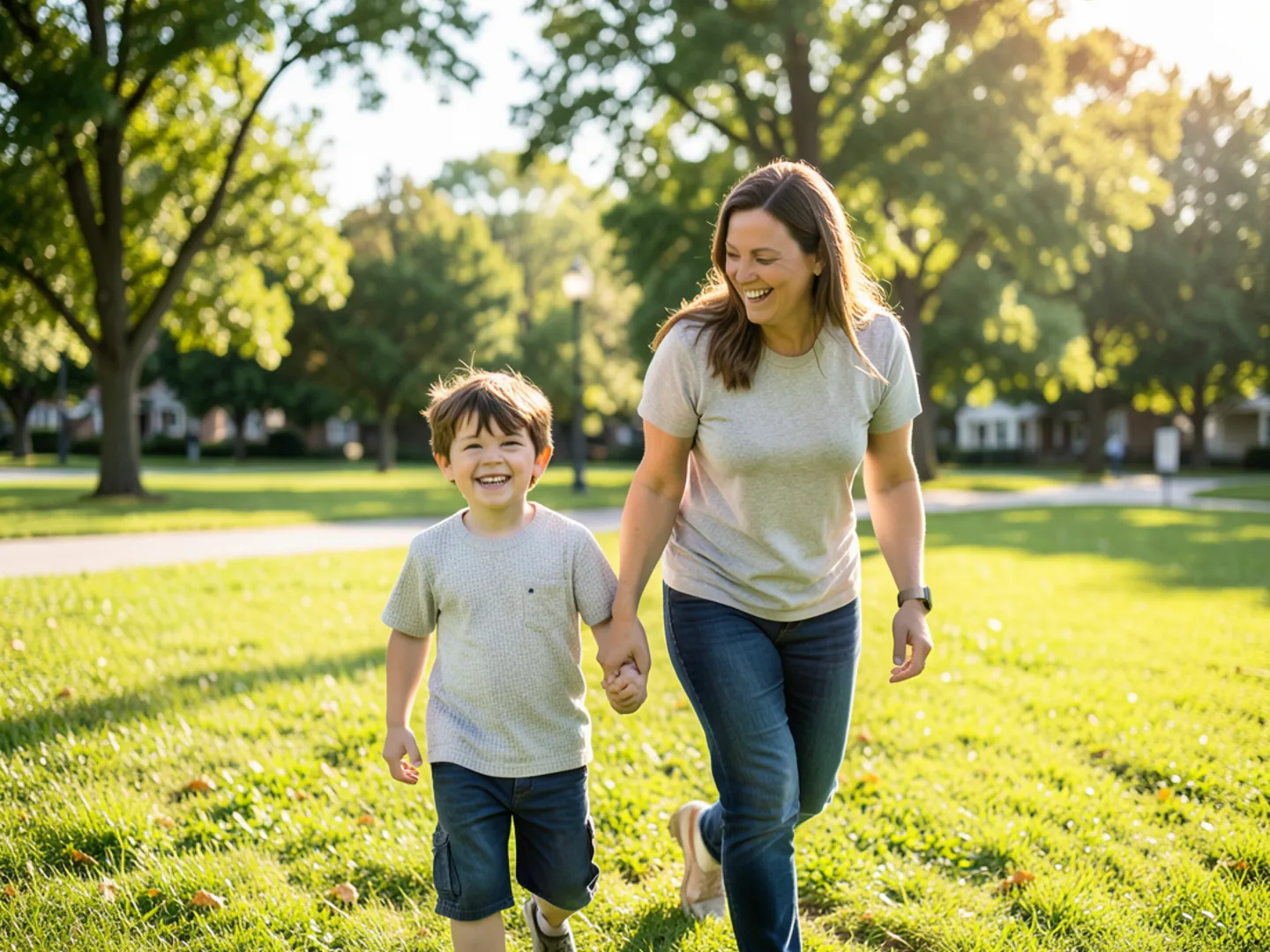 Mother and son smiling brightly with healthy teeth in Oak Park scenic park
