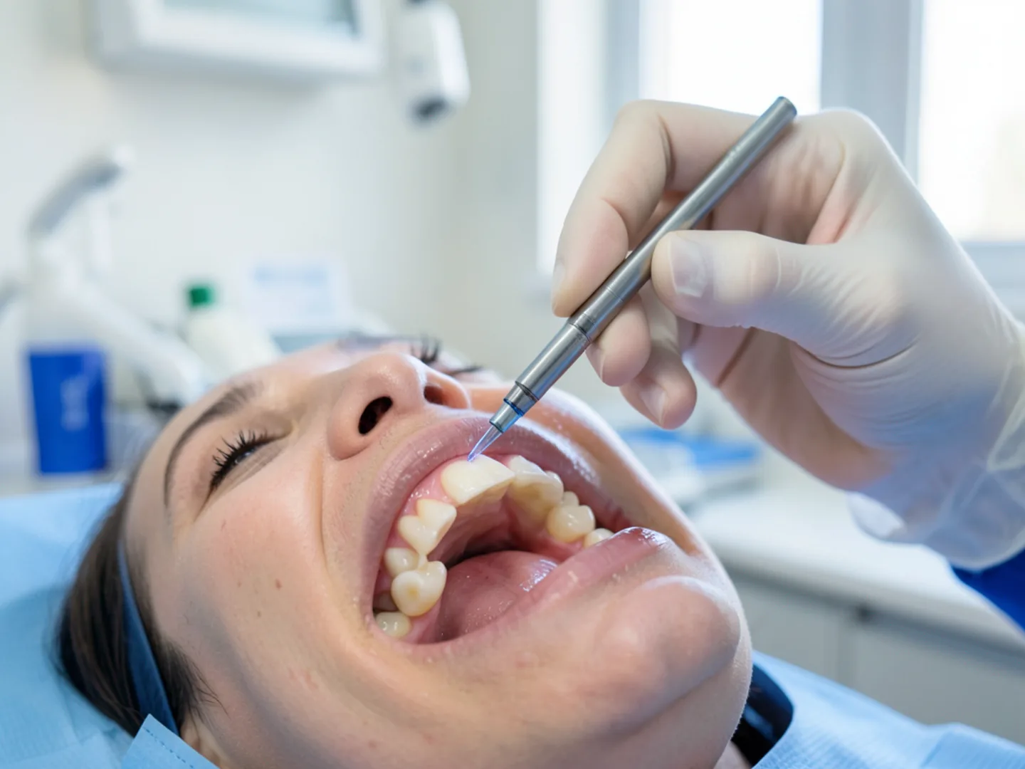 Dentist applying protective dental fissure sealant to permanent molar