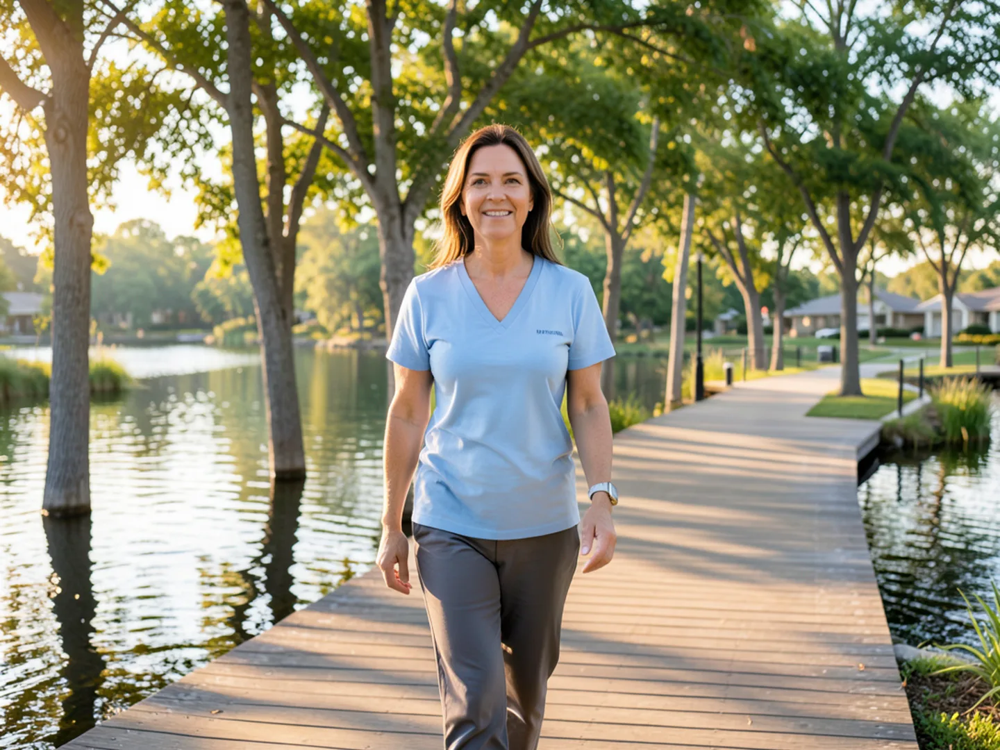 Patient smiling after cosmetic dental visit along Westlake Village lakefront