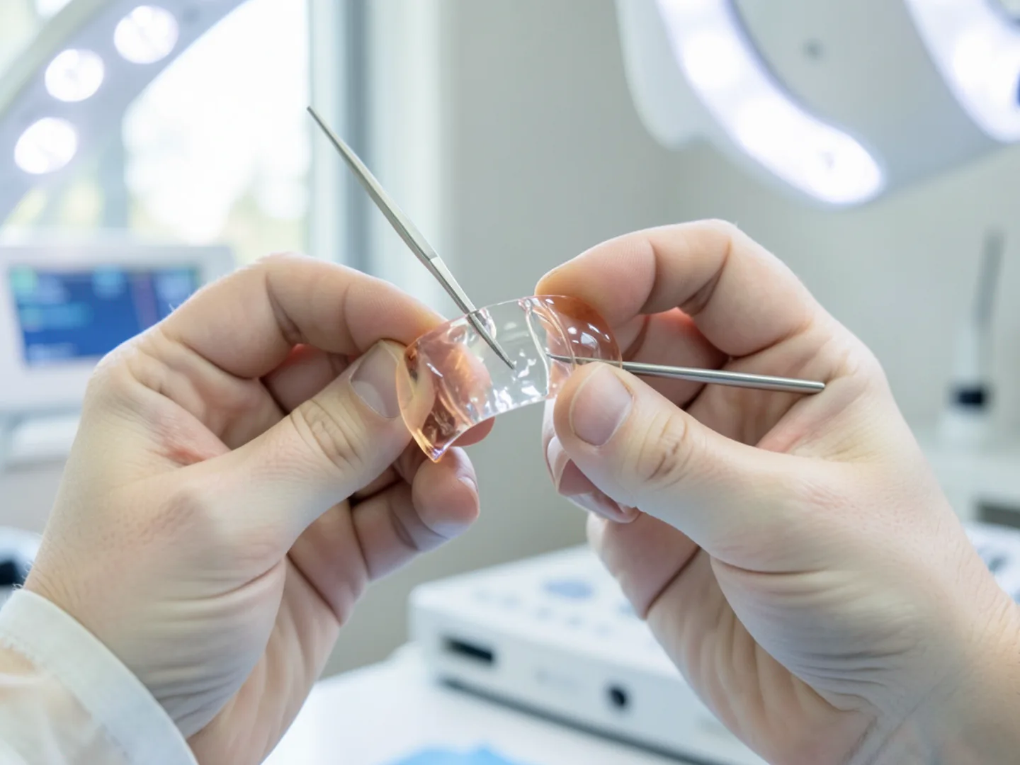 Dentist inspecting ceramic crown translucency with diamond tweezers over lightbox
