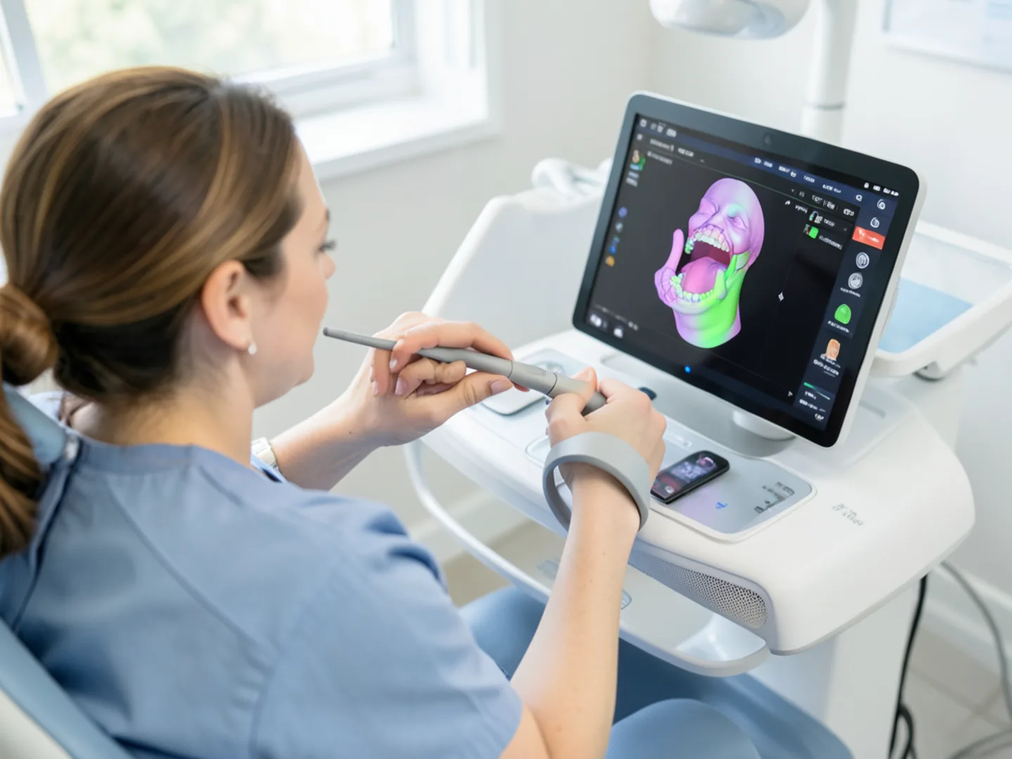 Dentist using 3D optical scanner for impression-free digital crown modeling