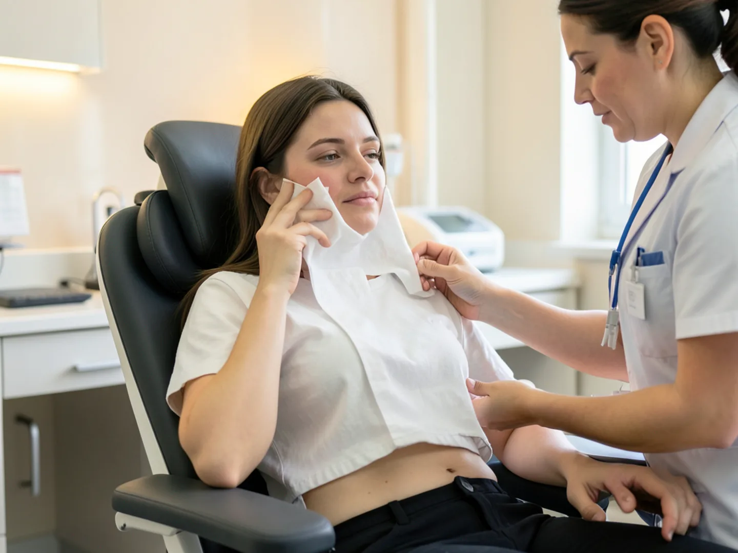 Young adult patient recovering comfortably in operatory chair after extraction